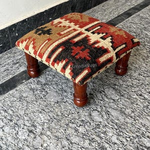 Handcrafted Acacia Wood Stool with Decorative Wool Jute Kilim Upholstery Elegant Footstool Ottoman Traditional Living Room Accent Furniture