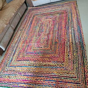 Hand Braided Bohemian Colorful Jute Chindi Large Area Rug multicolor Home Décor Rug cotton area Rug Braided Rug Multicolor Rug Floor Rug 6x8