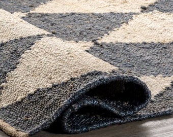 Black / Beige Diamond Jute Rug, Indian Handmade Natural Scandinavian Rug, Geometric Diamond Pattern, Modern Decor Jute Area Rug, CUSTOM SIZE