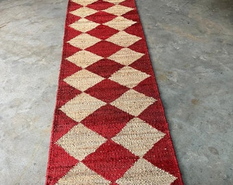 Handwoven Natural Red Diamond Jute Runner Custom Size Large Floor Area Jute Rug Stairs Jute Kilim Runner Rug Eco Friendly Custom Jute Runner