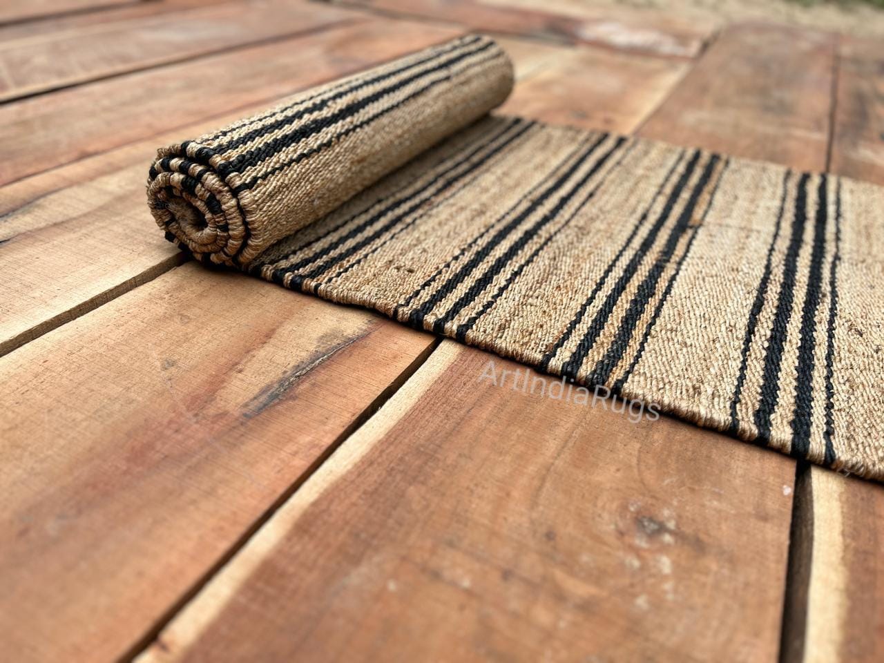 3 x 7 tapis en jute de chanvre rayé noir et beige tapis en jute fait main Boho décoration d'intérieur salon chambre chemin de table personnalisé grande surface couloir tapis en jute indien