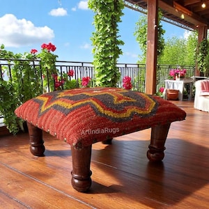 Handcrafted Acacia Wood Pouf | Low Kilim Upholstered Footstool Ottoman | Traditional Wool Jute Accent for Living Room Decorative Home Decor