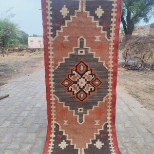 Multi Sizes Runner Rug for Stairs | Handwoven Geometric Indian Kilim | Eco-Friendly & Sustainable | Kitchen, Bedside, Hallway, Entry, Custom