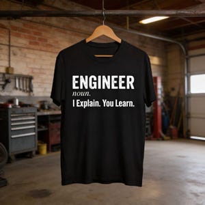 Puede incluir: Camiseta negra con la palabra "ENGINEER" en letras mayúsculas blancas grandes. Debajo de la palabra "ENGINEER" está la palabra "noun." y la frase "I Explain. You Learn." La camiseta está colgada de una percha de madera.