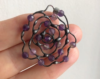 Amethyst pendant - rose bud pendant - faceted amethyst bead - healing stone flower
