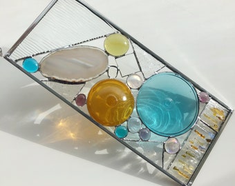 Stained glass hanging with agate - modern suncatcher