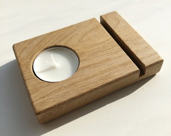 Support en verre avec photophore - présentoir pour vitrail, attrape-soleil - porte-bougie en bois - supports en chêne minéral pour fusion