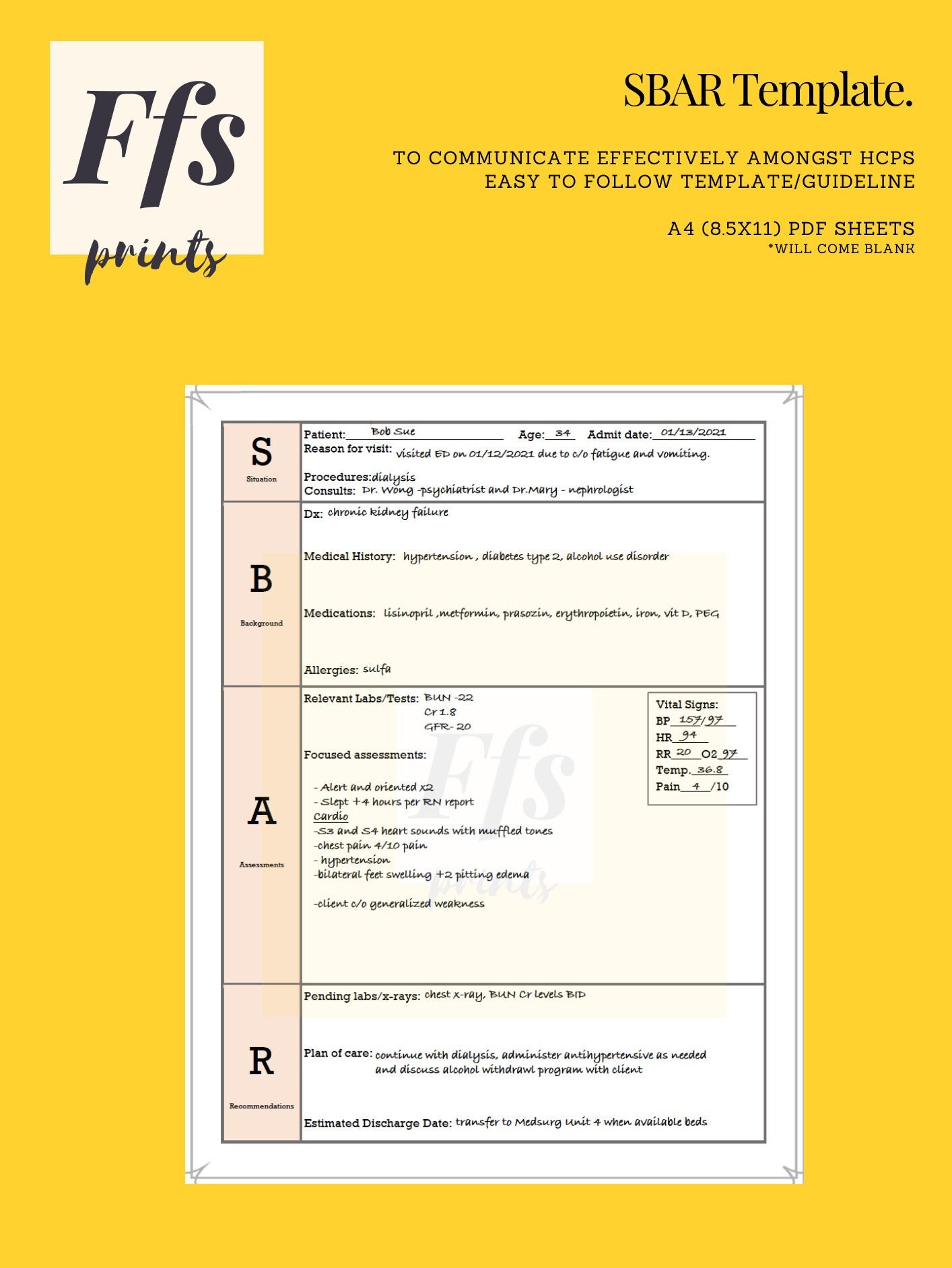 Printable SBAR Tool Template for Nursing Students | Etsy