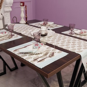 Witte tafelloperset met blokprint | Boho-placemats en servetten