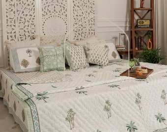 Blue & Green Palm Print Quilt, Handmade Block Print Cotton Throw, Reversible Bedding
