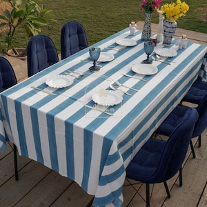 White & Blue Tablecloth - Vintage Dinner Table cover-Hand Block Printed Cotton Washable Wedding Butcher Block Printed Tablecloth Wedding set