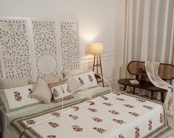 Floral Hand Block Printed Cotton Queen Quilt, Handmade Kantha Stitch