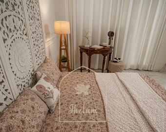 Hand Block Printed Quilt: Royal Floral Vintage Bedding 100% Cotton Quilt