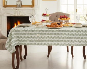 Handmade Green Floral Block Print Cotton Tablecloth, Custom Size
