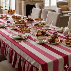 Hand Block Printed Cotton Tablecloth: Striped Ruffled Frill Dining Table Cover