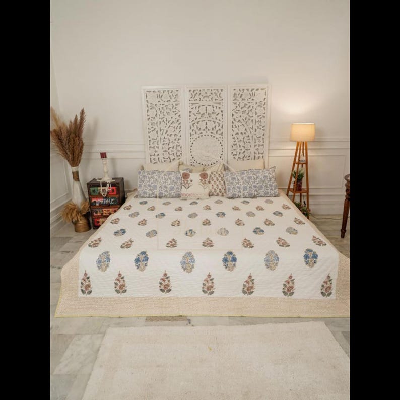 Handmade Cotton Hand Block Quilt | Jaipur Razai | Queen/King Size Bedspread | Kantha Patchwork Bed Cover | Traditional Indian Quilt