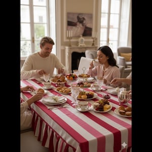Hand Block Printed Cotton Tablecloth: Striped Ruffled Frill Dining Table Cover