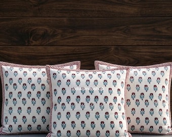 Hand Block Printed Cotton Cushion cover, Blue Red Floral Pillow Cover, Indian Home Decor, Boho Throw Pillow. ( Set of 2 )