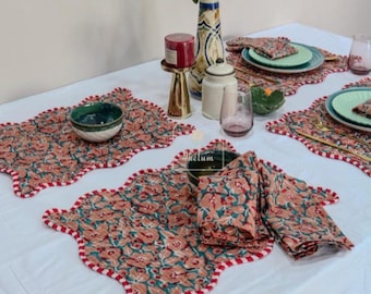 Hand Block Printed Cotton Placemat Set, Embroidered Linen Table Decor christmas placemats