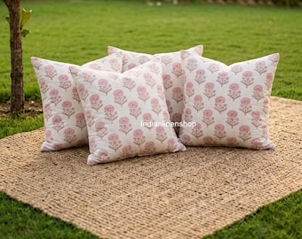 Hand Block Print Cotton Cushion Cover Set of 2, Pink Floral Pillow Covers, Indian Handmade Pillows, Boho Home Decor.