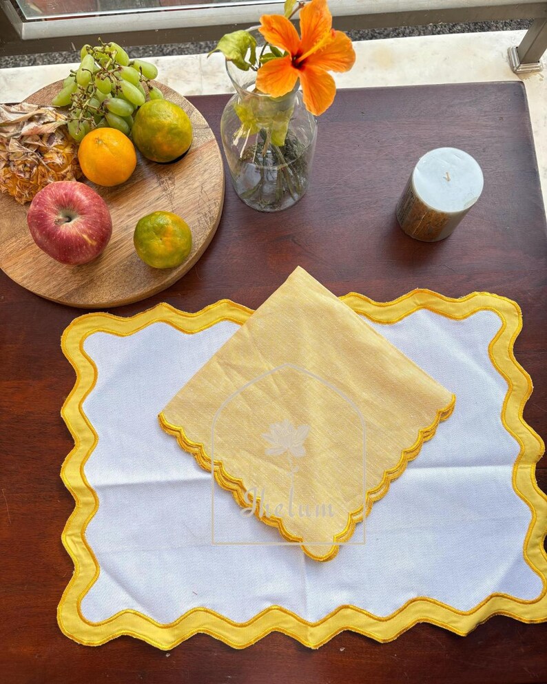 Indigo Linen Placemats – Embroidered Red Border, Elegant Table Decor ...