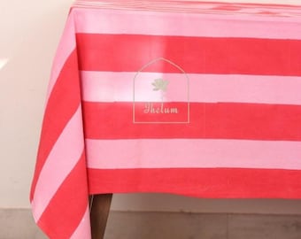 Rood en roze gestreept tafelkleed – handgeblokt bedrukt katoenen tafelkleed