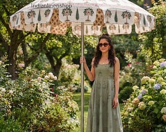 Resort Style Patio Umbrella, Hand Block Palm Tree Print Garden Umbrella, Indian Handmade Outdoor Cotton Parasol, Gift for Her.