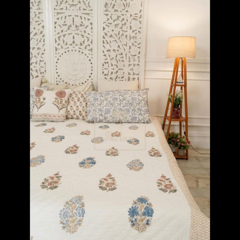 Handmade Cotton Hand Block Quilt | Jaipur Razai | Queen/King Size Bedspread | Kantha Patchwork Bed Cover | Traditional Indian Quilt