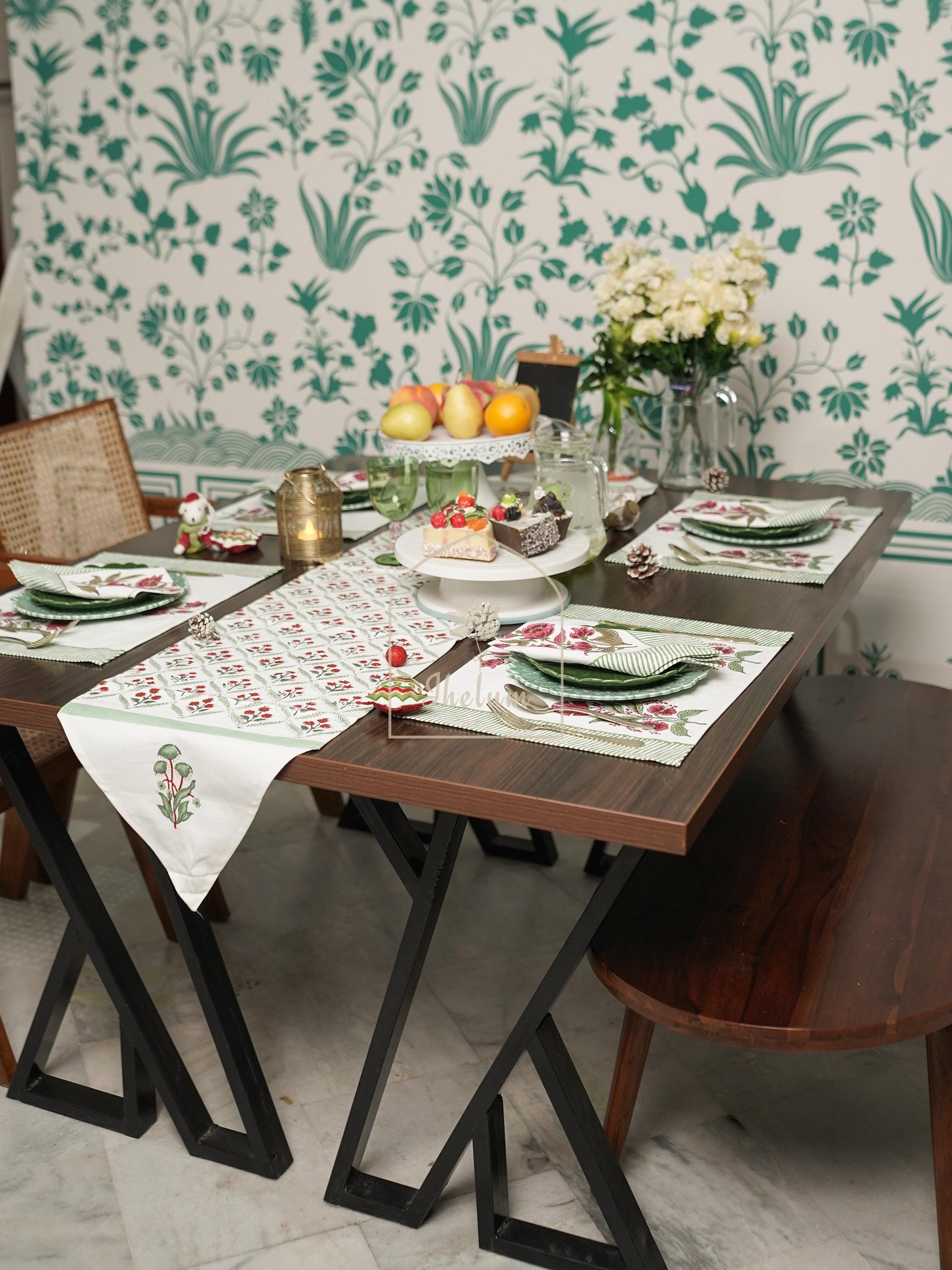 Natural Dining Table Runner Set With Elegant Floral Patten Embroidery ...