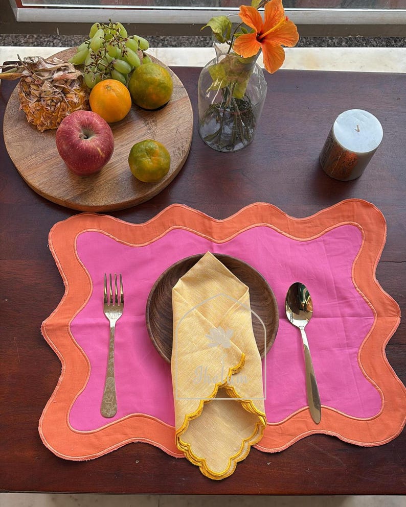 Indigo Linen Placemats – Embroidered Red Border, Elegant Table Decor ...