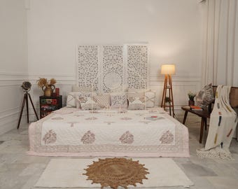 Handmade Floral Jaipuri Quilt: Indian Cotton Bedspread, Queen Size