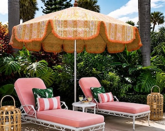 Handbedruckter Terrassenschirm: Jaipuri-Außendekoration, indischer Sonnenschutz, Schirm für Hochzeitsdekorationen, handgefertigter Gartenschirm, Strandschirm.