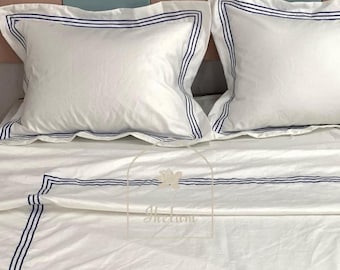 White Cotton Sateen Duvet Cover Set, Triple Embroidery Border, Hotel Stitch
