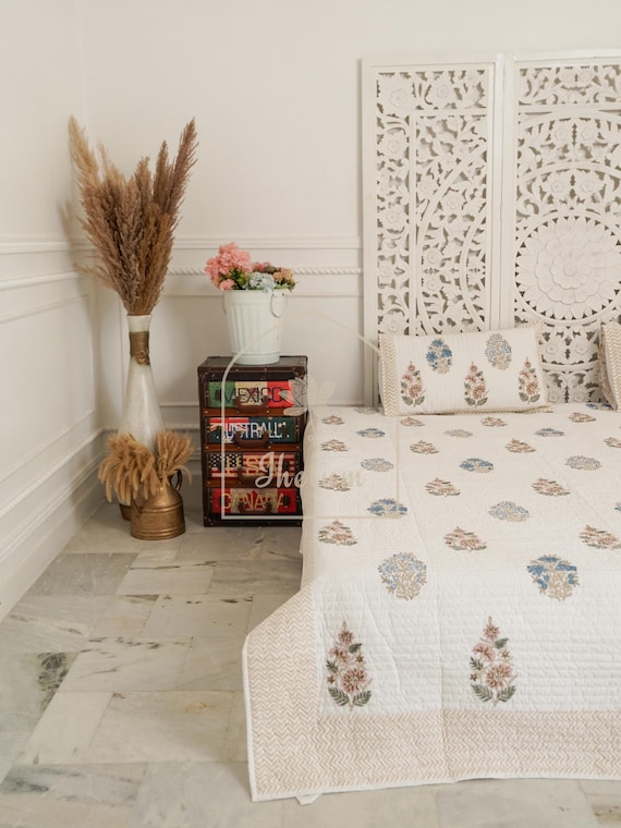 Handmade Cotton Hand Block Quilt, Jaipuri Razai, Queen/King Size