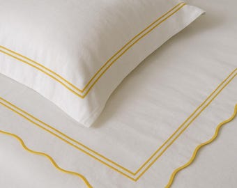 White Cotton Sateen Duvet Cover Set, Scalloped Embroidery, 400 Thread Count