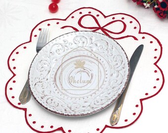 Embroidered Linen Placemats with Red Bows | Quilted Table Decor, Washable Round Placements, Reusable Eco-Friendly Dining Set,