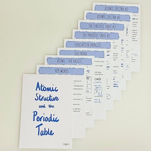 May include: A set of blue and white printable study guides for chemistry. The guides cover topics such as atomic structure, the periodic table, ionisation energies, electrons, and atomic spectra. The title of the guide is "Atomic Structure and the Periodic Table".