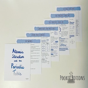 May include: A set of six blue and white flashcards with handwritten notes about atoms, elements, compounds, mixtures, the periodic table, and testing for ions. The flashcards are stacked in a pyramid shape with the words "Pocket Potions" printed on the bottom card.