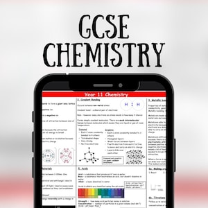 May include: A close-up of a smartphone screen displaying a chemistry lesson for Year 11 students. The lesson covers covalent bonding, metallic bonding, acids, and making crystals. The screen is divided into sections with headings and diagrams.