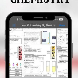 May include: A Year 10 Chemistry Big Sheet study guide with colorful diagrams and text explaining topics like atomic structure, chemical reactions, and the Earth's layers.