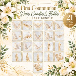 May include: A digital clipart bundle featuring 21 PNG files of white doves, candles, and bibles decorated with gold accents and white lilies. The collection includes various illustrations of birds in flight, perched on branches, and religious items for design.