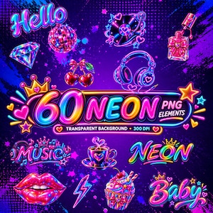 Peut inclure: Une collection numérique d'éléments graphiques style néon comprenant des icônes comme une boule à facettes, un casque, des cerises, un diamant, un cupcake et des lèvres, avec les textes Hello, Music, Neon et Baby sur fond violet.