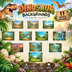 May include: A digital collection of 11 A4 dinosaur backgrounds featuring prehistoric jungle landscapes, waterfalls, and volcanoes. The graphic includes a T-Rex, a pterodactyl, and speckled dinosaur eggs, with text reading DINOSAUR BACKGROUNDS.