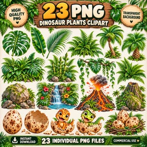 May include: A digital collection of 23 dinosaur-themed plant and nature clipart images, including tropical foliage, palm trees, a waterfall, a volcanic eruption, and baby dinosaurs hatching from speckled eggs, all on a light background.