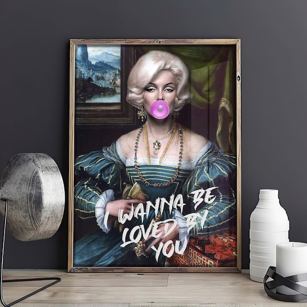 Marilyn Monroe Bubble Gum Printable Wall Art, Altered Art Portrait Renaissance Oil Painting, Digital Download