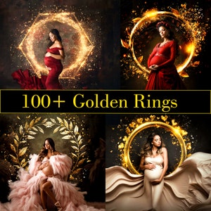 100 Golden maternity rings, Maternity Overlays, maternity light ring frame, circles shine, ring light maternity digital backdrop, PNG. image 1