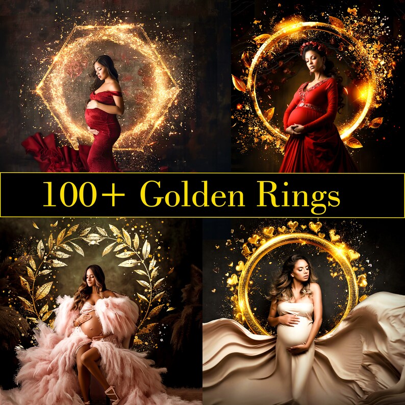 Über 100 goldene Umstandsringe, Umstands-Overlays, Umstandslicht-Ringrahmen, Kreise leuchten, Ringlicht-Umstands-Digitalhintergrund, PNG. Bild 1