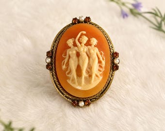 Vintage Three Graces Cameo Brooch, Gold Tone Faux Pearl Amber Stones