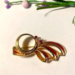 Vintage red & gold tone enamel and ribbons, 1.5” brooch pin, scarf pin | hat pin, breast-pin. gift for mom, grandma, aunt, friend, collector