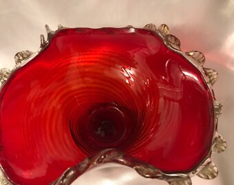 Measures 9 x 8 x 5 inches. Elegant Vintage Red Carnival Glass with Scalloped Clear Pressed Glass edges